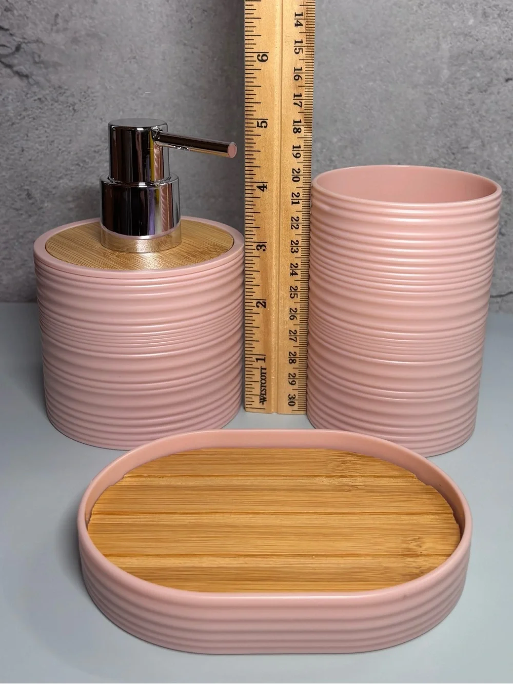 Pink Ceramic and Bamboo Bath Accessory Set - 3 Piece